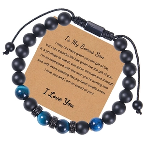 Detail of beaded bracelet with tiger eye stones and gift card for bonus son