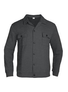 Close-up of dark grey textured waffle pattern on a men casual jacket with collar labels