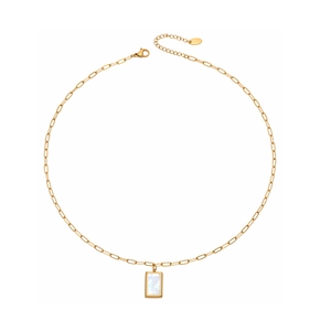 Collier chaîne trombone en acier doré avec un pendentif rectangulaire en nacre blanche