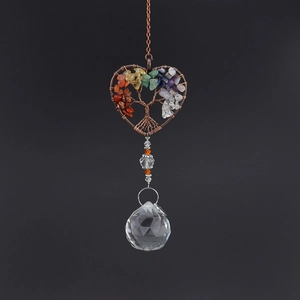 Seven Chakra Tree of Life heart suncatcher with natural stones and crystal ball