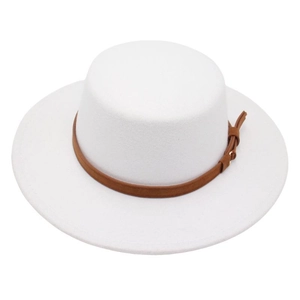 Classic white wool felt boater hat with a brown suede band on a white background