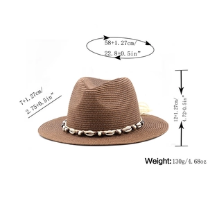 Detailed size specifications for a straw sun hat featuring shell and wooden bead trim