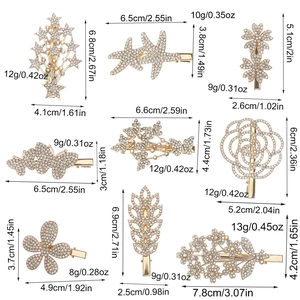 Set of 9 gold flower rhinestone hair clips with detailed size and weight specifications