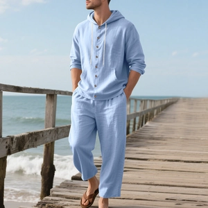 Men's sky blue linen beach set featuring a hooded long sleeve shirt and matching trousers