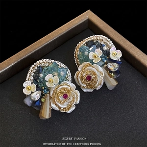 Vintage floral pearl earrings with crystal accents and long drop pendants for women