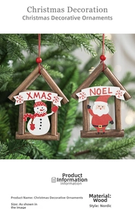 Detail of wooden Christmas ornaments featuring snowman and Santa on a tree branch