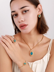 Detailed close-up of a gold-tone turquoise jewelry set on a model including necklace and ring