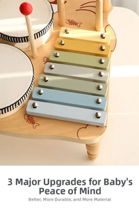 Dettaglio dello xilofono in legno color macaron e set di tamburi per l'infanzia