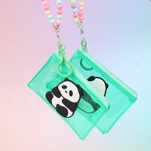 Green clear PVC square panda coin purse with colorful bead chain and secure zipper closure