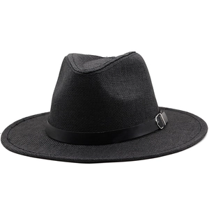 Chapeau de soleil en paille noire avec bande en cuir et boucle métallique pour protection