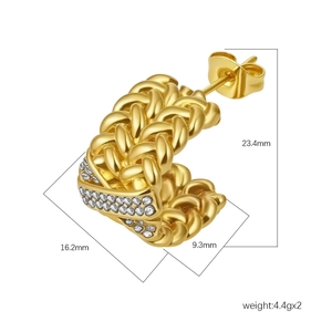 Stainless Steel C-Shape Hoop Earrings 18K Gold Plated Rhinestone Braided Texture Geometric Statement For Women