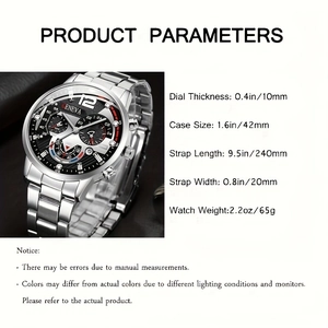 Detaillierte Produktparameter der stilvollen Herren-Armbanduhr aus Silberstahl