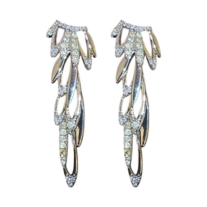 Elegant silver wing-shaped tassel earrings with sparkling white crystals for women