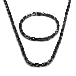 Minimalist black stainless steel jewelry set featuring oval link chain necklace and bracelet
