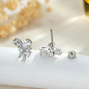 Exquisite silver bowknot ear studs with cubic zirconia and secure screw backings