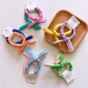 Kids Rabbit Ear Hair Scrunchies Ribbed Fabric Elastic Hair Ties Sweet Bow Ponytail Holders For Girls