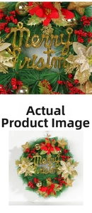 Macro detail of Christmas wreath with red berries, golden stars and Merry Christmas sign