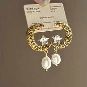 Boucles Oreilles Vintage Croissant Lune Étoile Künstliche Perle Baroque Avec Tige En Argent Sterling 925 Alliage Strass Élégant Femme