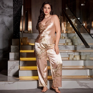 Eleganter Satin-Pyjama für Damen mit Blumenmuster, Top und lange Hose im Set