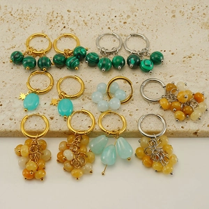 18k gold plated stainless steel hoop earrings with natural malachite and colorful beads