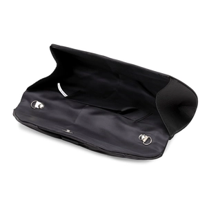 Internal view of black evening clutch bag showing silver rings and internal pocket