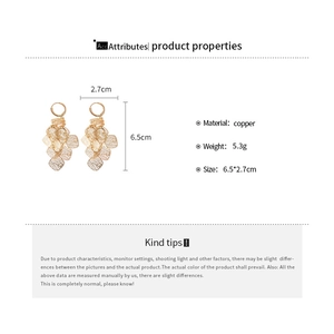 Macro detail of geometric hollow tassel earrings in copper with size specifications