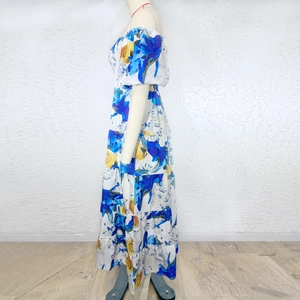 Detail of off-shoulder puff sleeves and vibrant floral print on summer maxi dress