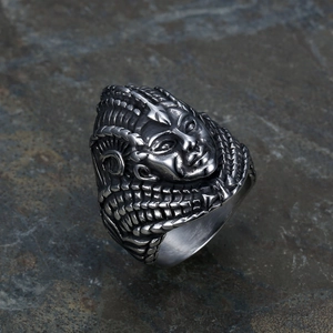 Vintage Egyptian Pharaoh ring for men in antique silver finish with textured 45-degree view