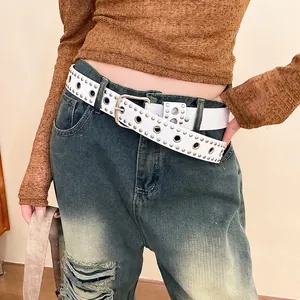 Ceinture punk blanche en cuir avec double rangée d'œillets métalliques pour femme