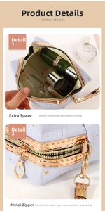 Macro detail of star-patterned cosmetic bag with golden zipper and spacious interior