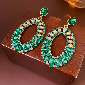 Alloy Green Rhinestone Hollow Oval Earrings With Silver Earring Post French Vintage Luxury Elegant Jewelry For Women