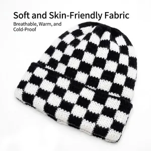 Winter checkered knit beanie in black and white with thick thermal fold-over design