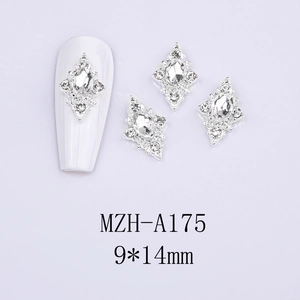 Detailed view of rhombic nail charm with crystal stone, sized 9x14mm in silver base