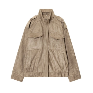 Giacca da Donna in Finta Pelle Scamosciata Moda di Strada Cachi Collo in Piedi Cerniera Spalline Tasca Casual Manica Lunga