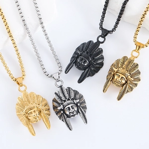Vintage stainless steel native chief head pendant necklaces in gold, silver and black