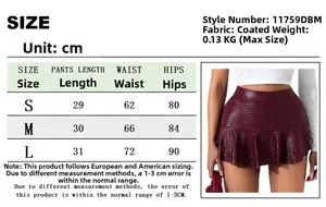 Detailed size guide table for stretchy faux leather mini skirt in centimeters