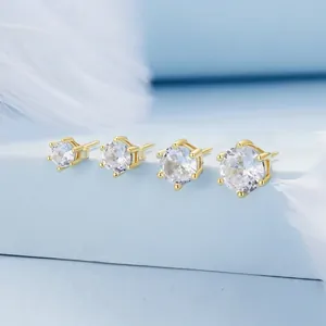 Set of four S925 sterling silver stud earrings with round six-prong cubic zirconia