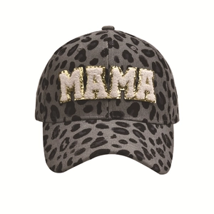 Detail of MAMA letter patch with gold sequins on grey leopard print baseball cap