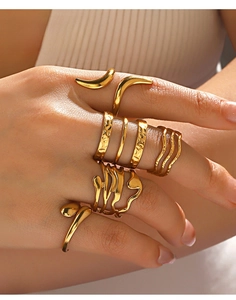 Detail view of 18K gold-plated irregular stainless steel rings on model's hand