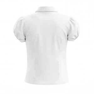 Back view of a white vintage puff sleeve shirt with slim fit waist for women