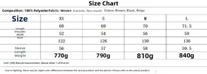 Detailed size chart for women faux fur jacket with measurements in cm and fabric info