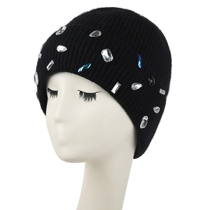 Women's black knit beanie with warm fleece lining and colorful rhinestone decorations