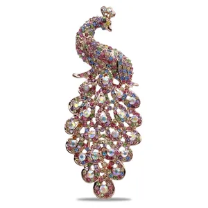 Elegant peacock brooch with colorful rhinestones and aurora crystals on gold alloy base