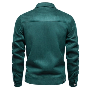 Back view of a men's dark teal suede jacket showing high-quality texture and seam details