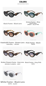 Detailed grid showing seven color variants of oval cat eye sunglasses with hollow temples