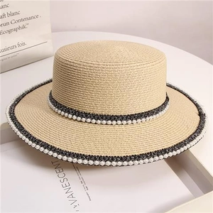 Women Boater Hat Summer Straw Beach Sun Hat With Double Row Imitation Artificial Pearl Decoration French Elegant Wide Brim UV Protection