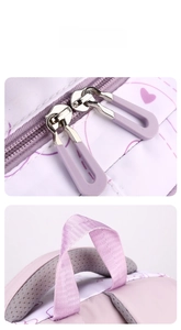 Detail of purple schoolbag showing dual metal zippers and breathable honeycomb back padding