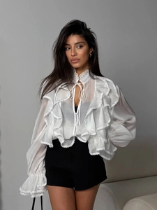 Blusa Elegante Da Donna Con Volant E Pizzo Scollo A V Con Lacci Maniche A Campana Mesh Trasparente Camicia Bianca