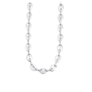 Detailed view of silver stainless steel necklace with hollowed pig nose chain links