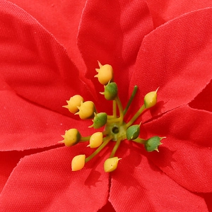 Macro detail of red velvet artificial Christmas flower petals and textured stamen